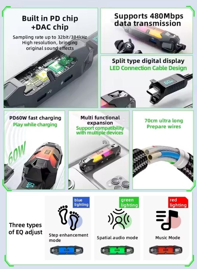 بيفا وصلة ادابتر كرت صوت الألعاب Piva (4 في 1) - محول Type-C مزدوج مع منفذ 3.5mm وشحن سريع 60W - Image 3